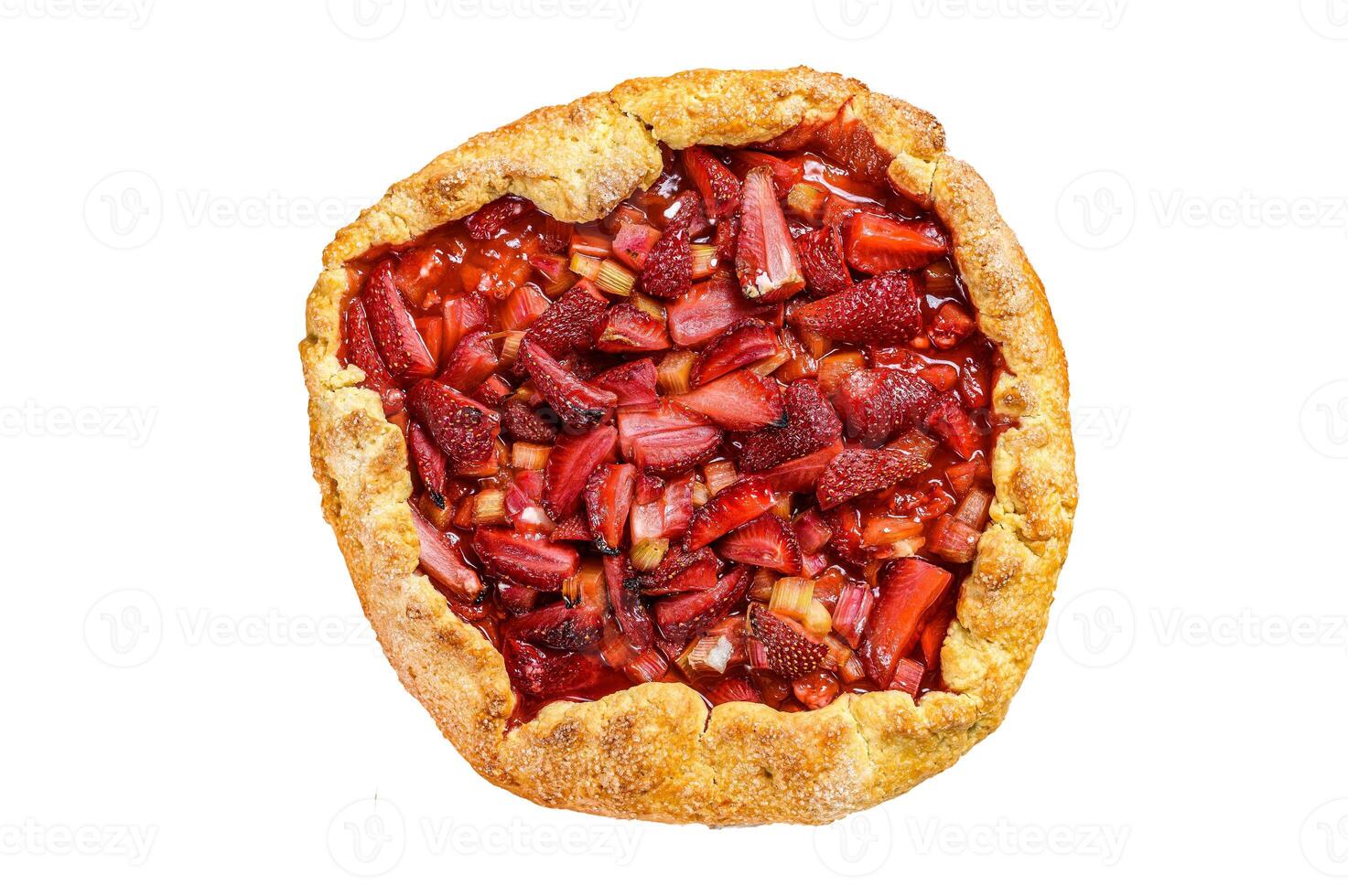 Galette with strawberry and rhubarb. Homemade tart, tarte. Isolated on white background. Top view. photo