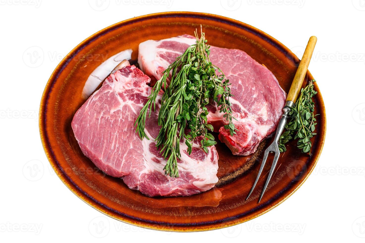 Fresh Raw pork loin steaks from neck meat. Isolated on white background. photo