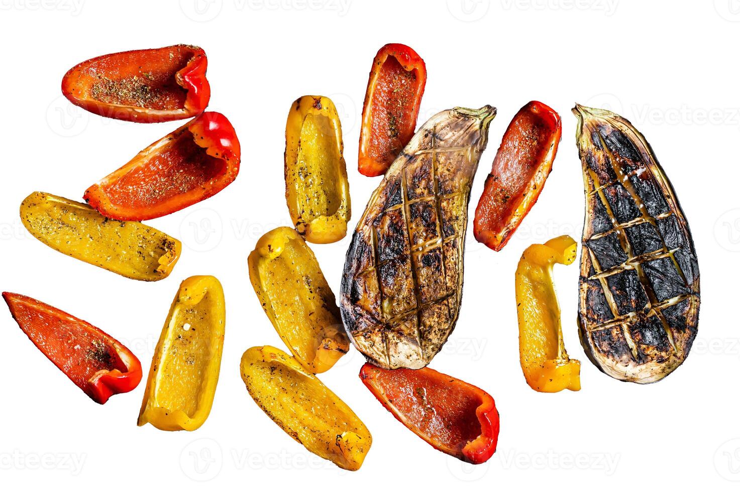 Grilled vegetables on barbecue, Isolated on white background, top view. photo