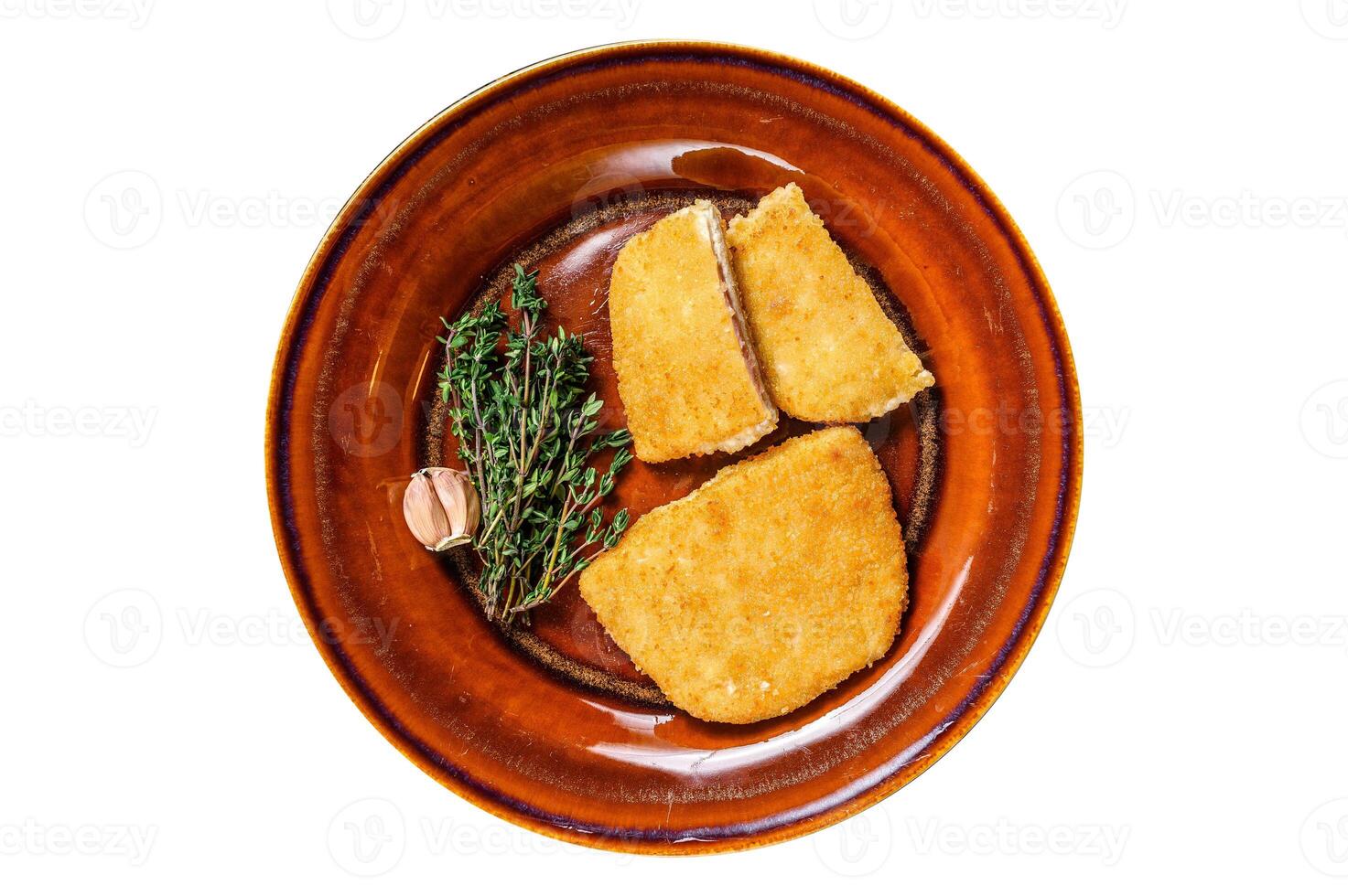 Chicken cordon bleu meat roll cutlet with ham and cheese. Isolated, white background. Top view. photo