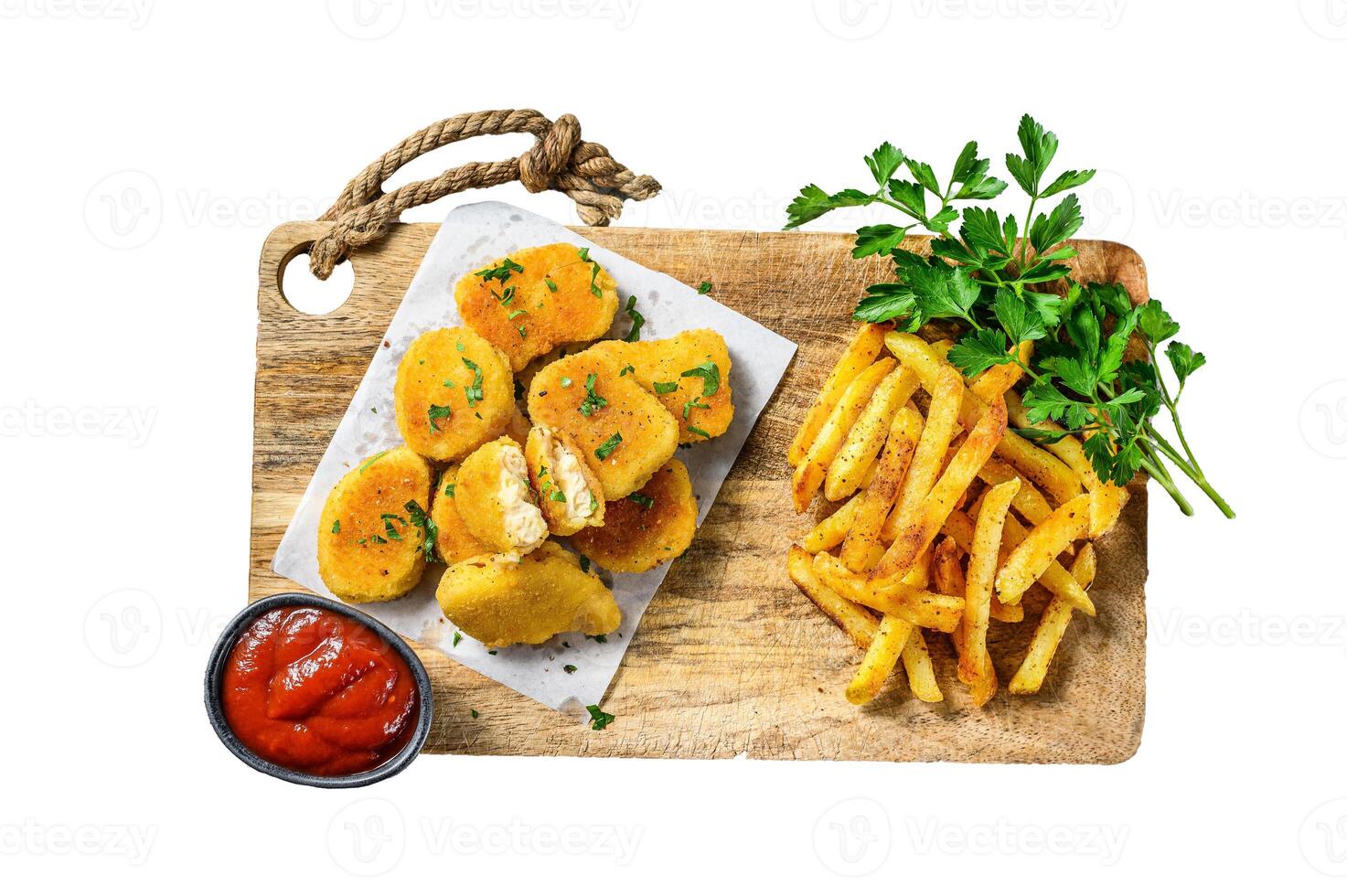 Crispy homemade baked chicken nuggets. Isolated on white background. Top view. photo