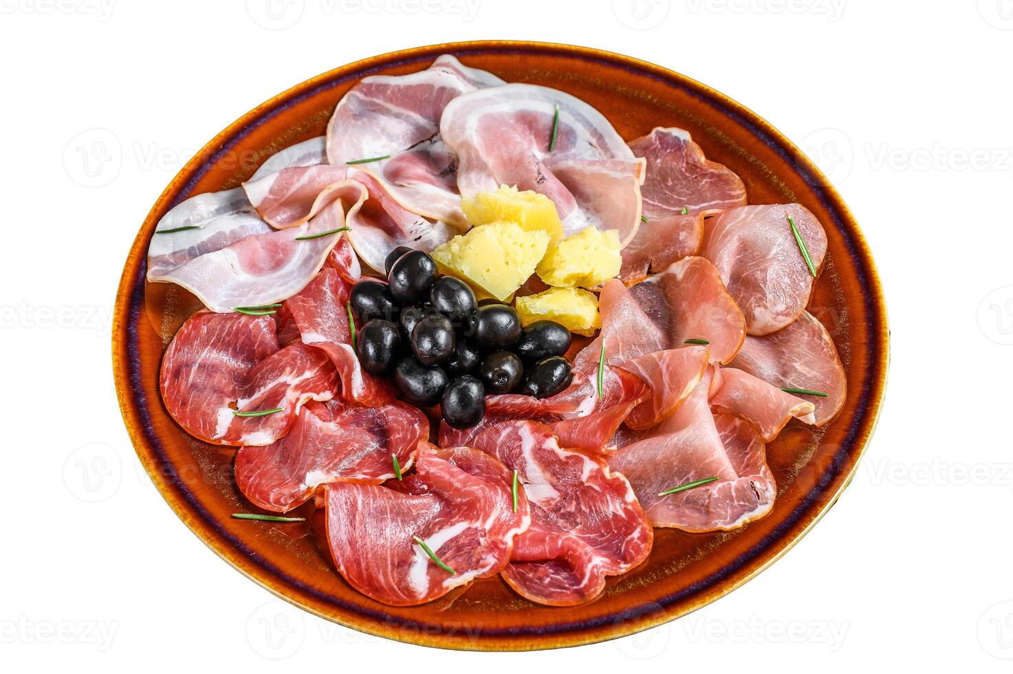 Italian meat platter with prosciutto ham, bresaola, pancetta, salami and parmesan. Isolated on white background. photo