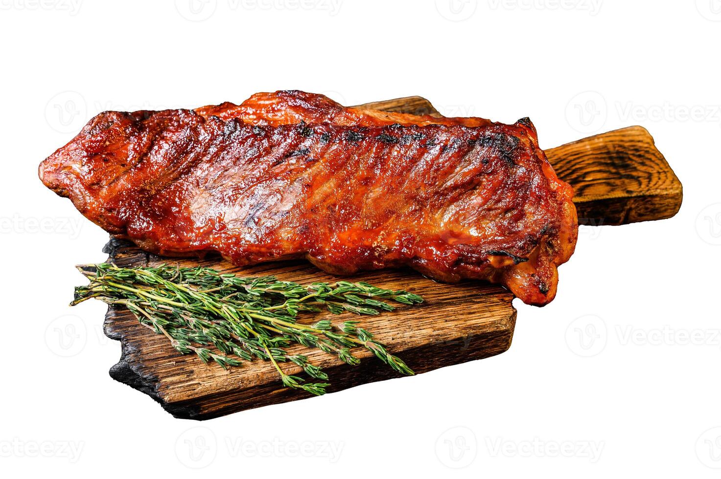 Grilled in bbq sauce veal short spare rib meat Isolated on white background, top view. photo