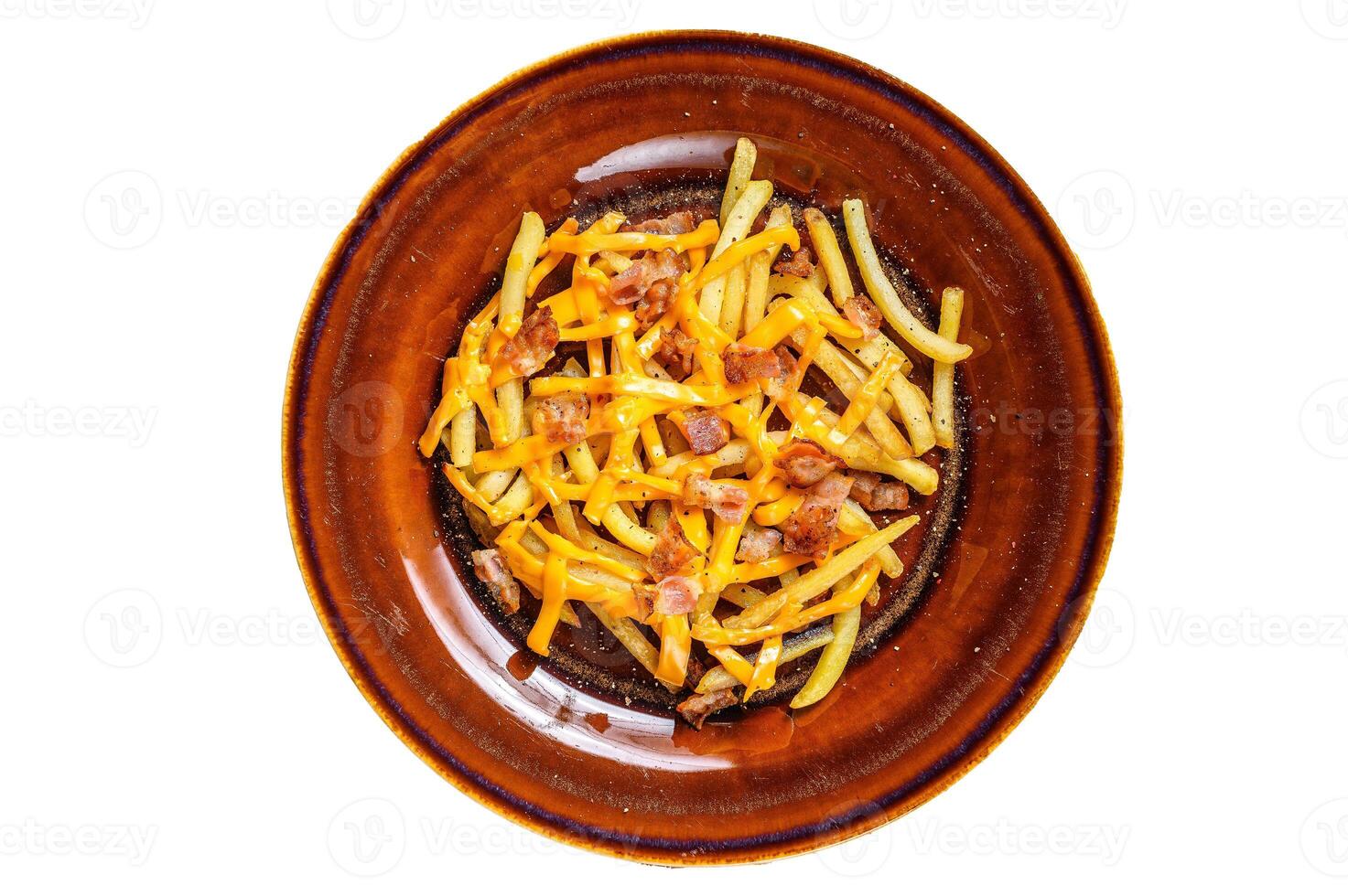 French fries with melted cheddar cheese and bacon served in a rustic plate. Isolated on white background. photo