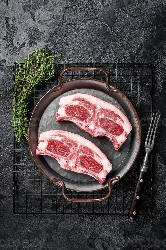 Raw fresh lamb loin chops with herbs and spices in steel tray. Black background. Top view photo