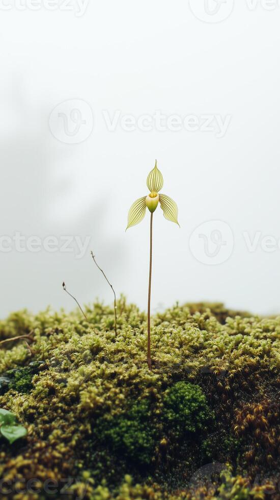 Paphiopedilum flower spike rising from moss, photorealistic photo