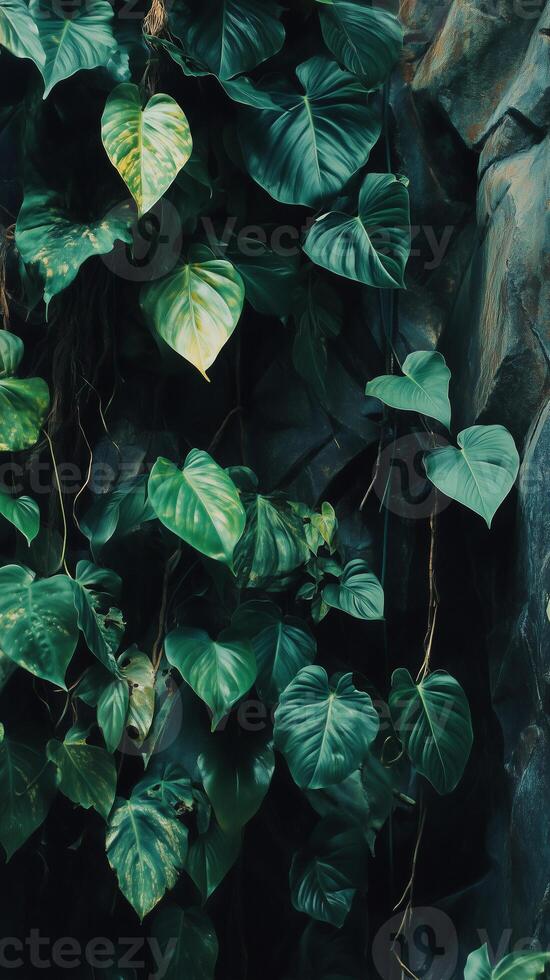 Philodendron vines climbing a tree trunk, photorealistic photo