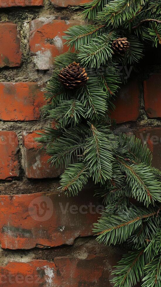 Pine boughs twisted into a ring on brick wall background, wallpaper photo