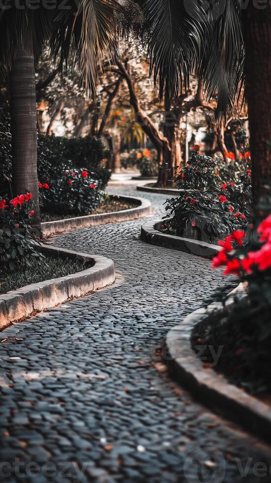 Stone path winding between curved flower bed formations, photorealistic photo
