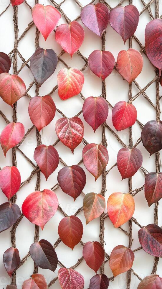 Stems creating a lattice pattern on fabric wall hanging, photorealistic photo