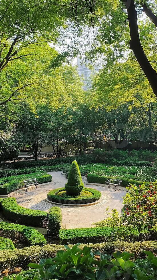 Topiary forms create focal points at intersections in formal garden layouts, photorealistic photo