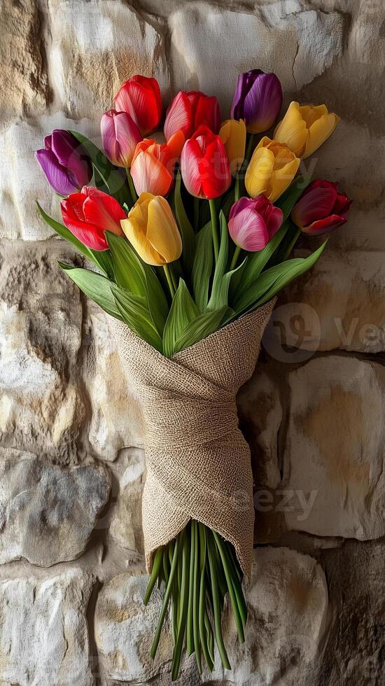 Tulips wrapped in linen fabric on a stone wall surface, wallpaper photo