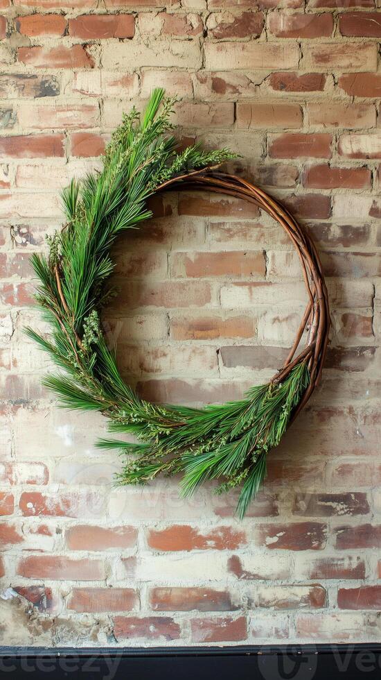 Pine boughs twisted into a ring on brick wall background, photorealistic wallpaper photo