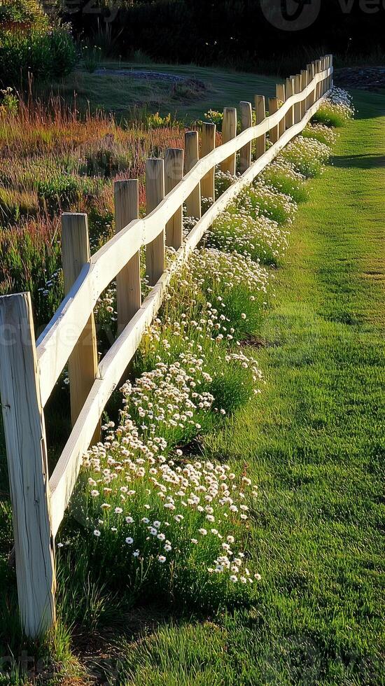 Yarrow stems wave through meadow gardens near fences, wallpaper art photo