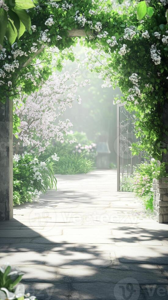 Viburnum branches arch over garden paths near gates, photorealistic wallpaper photo