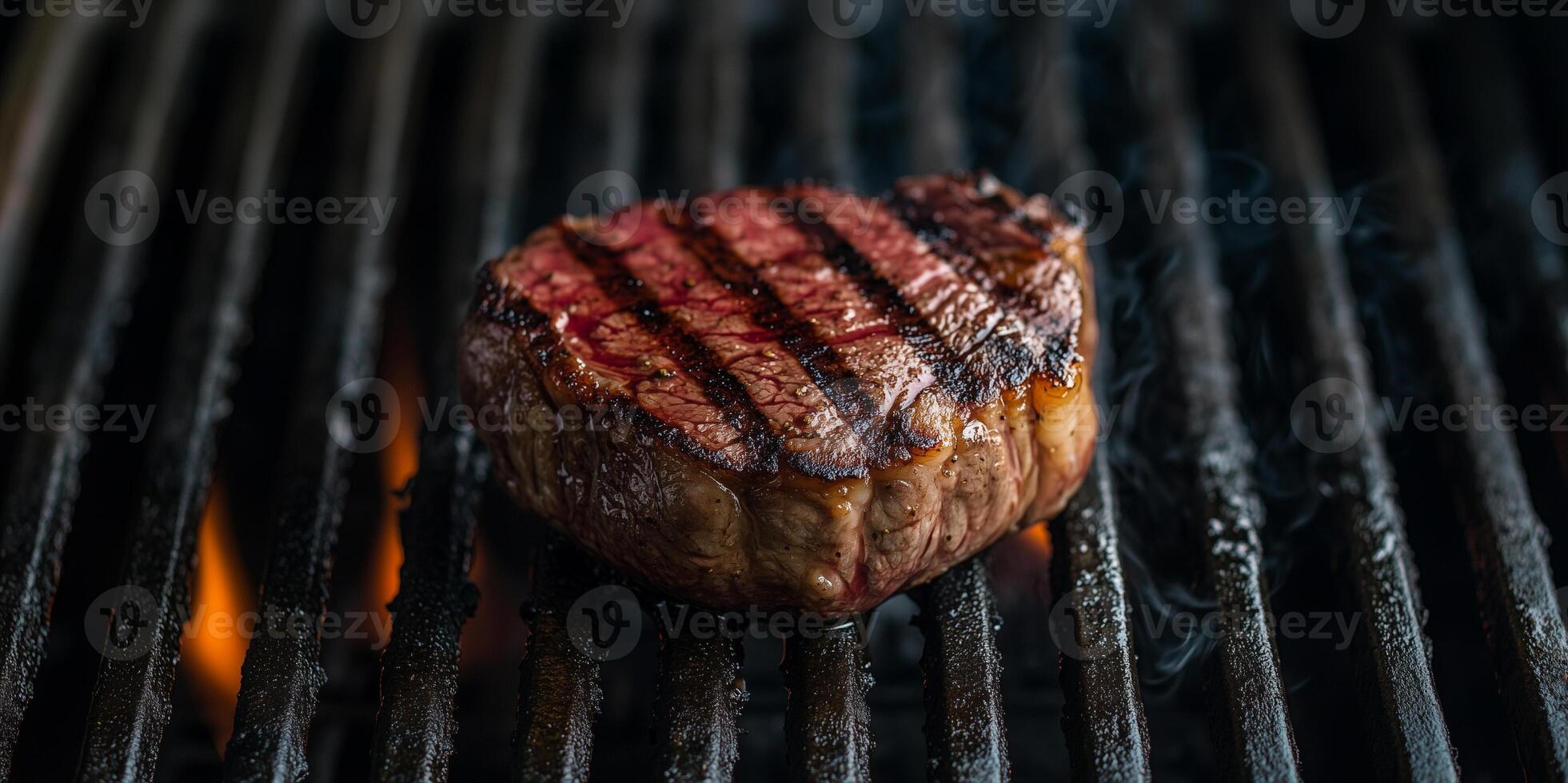 Filet mignon being flipped on a grill with visible grill marks, food photography photo