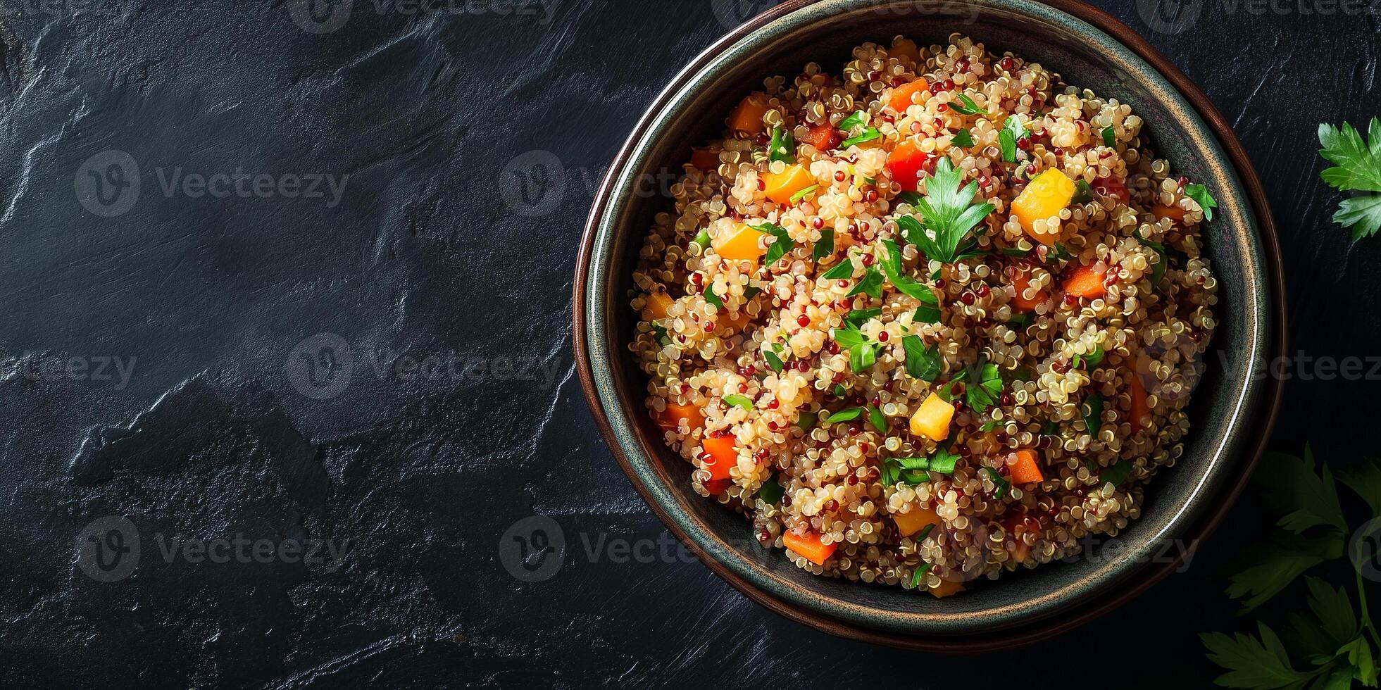Quinoa portion served in a deep ceramic bowl with visible ingredients and simple garnish, culinary photography photo