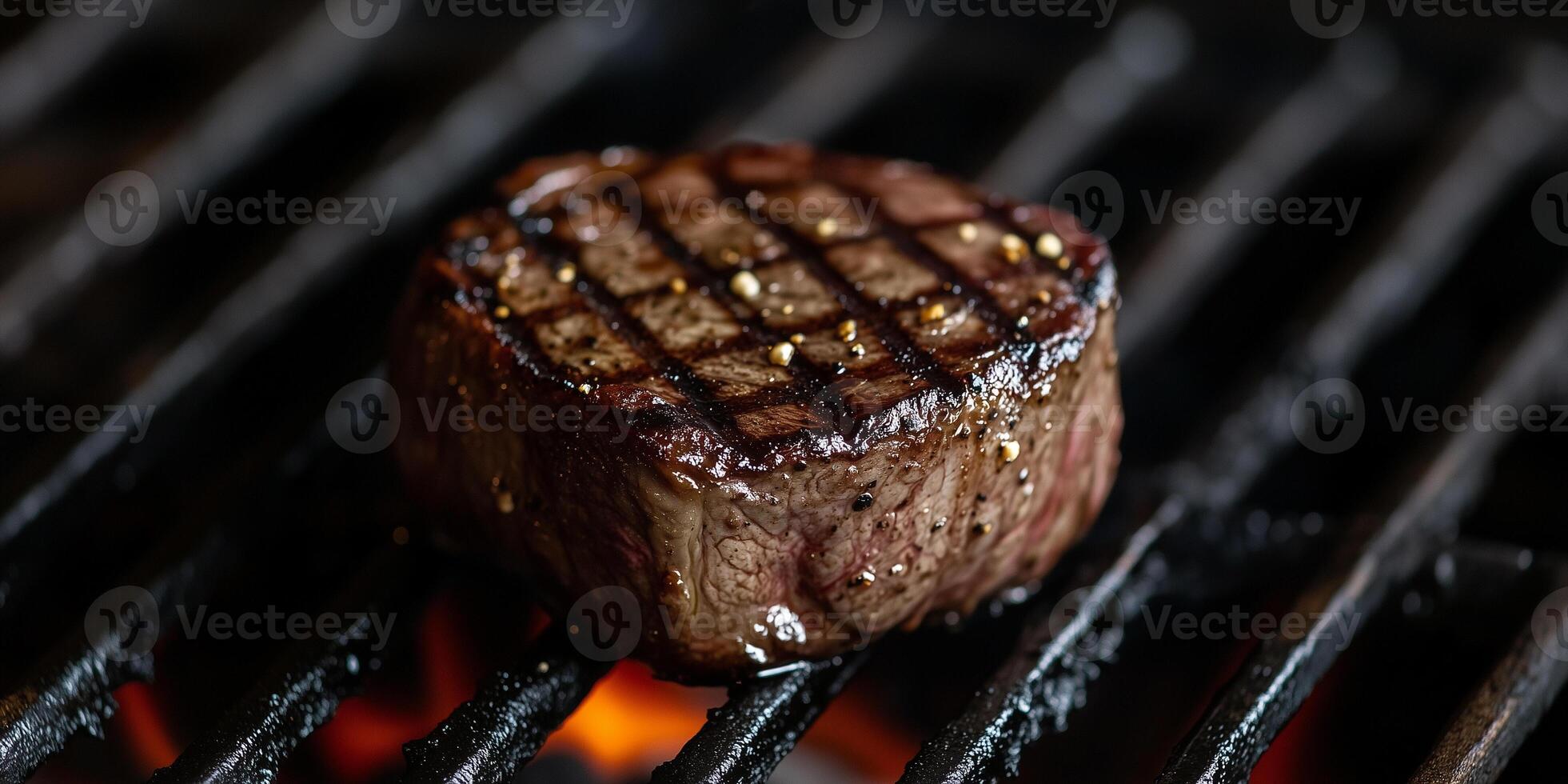 Filet mignon being flipped on a grill with visible grill marks, photorealistic food photo
