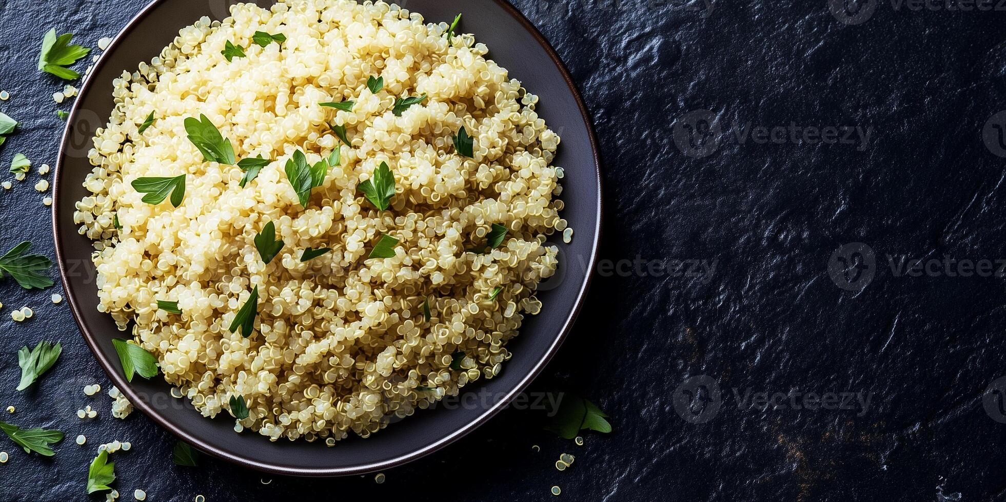 Quinoa neatly arranged in a shallow dish with minimal garnish on the surface, photorealistic food photo
