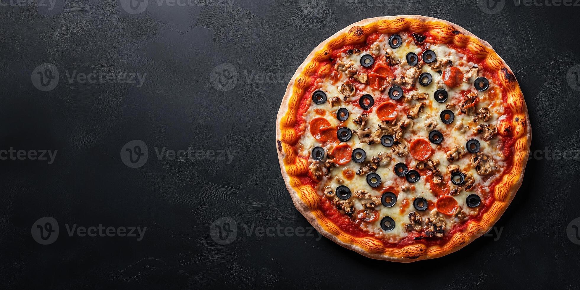 Round pizza with symmetrical toppings spread uniformly, gastronomy photography photo