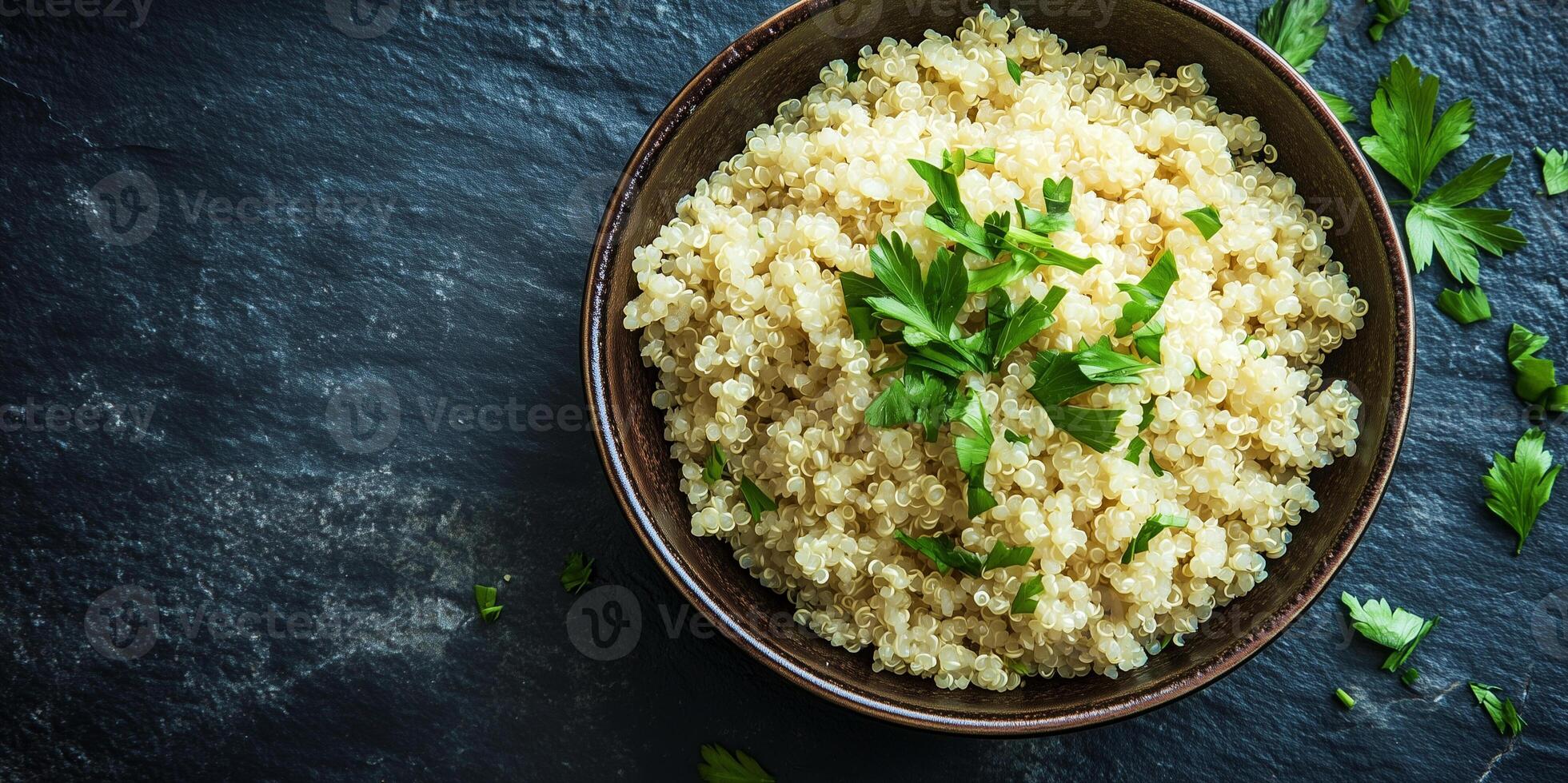 Quinoa portion served in a deep ceramic bowl with visible ingredients and simple garnish, gastronomy photography photo
