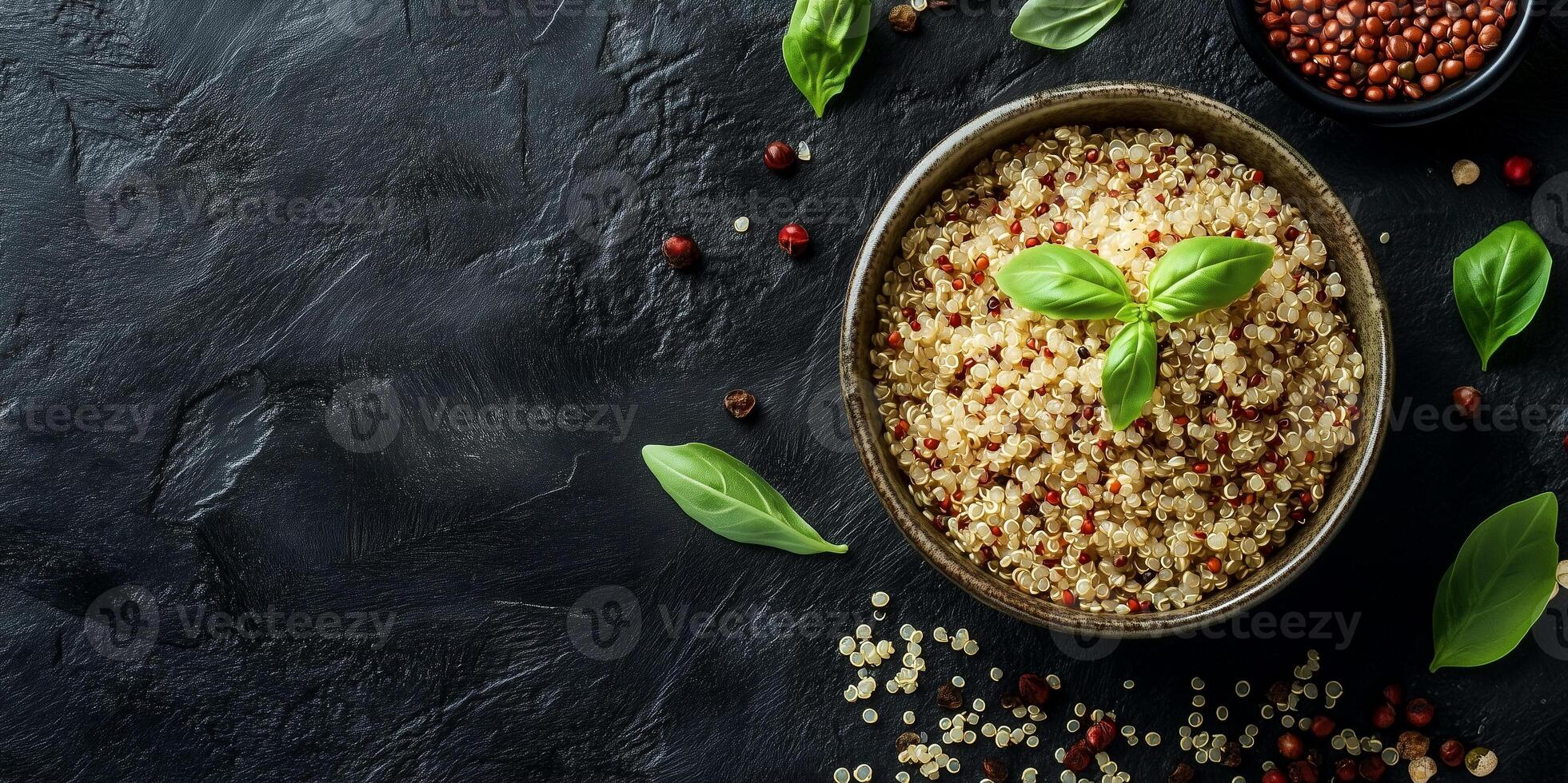 Quinoa neatly arranged in a deep, round ceramic bowl with visible grains and garnish, photorealistic food photo