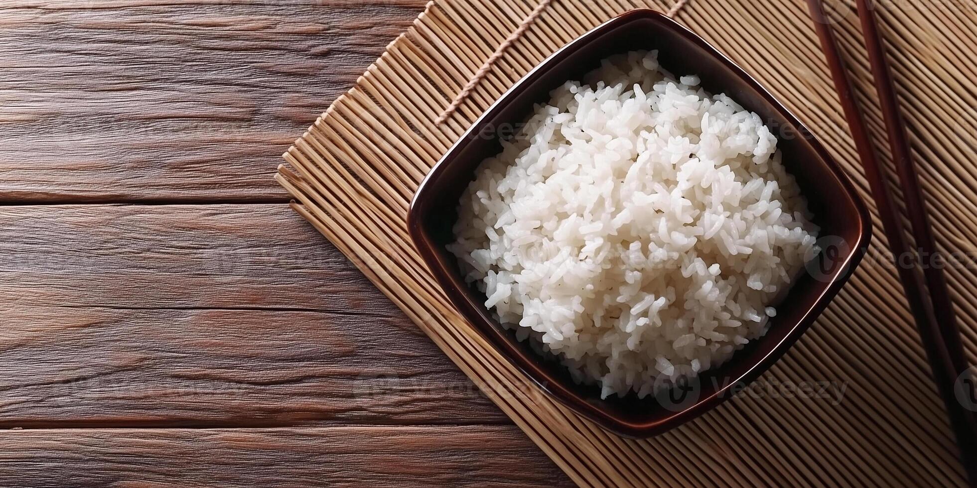 Sticky rice served in a compact square ceramic container on a table, photorealistic food photo