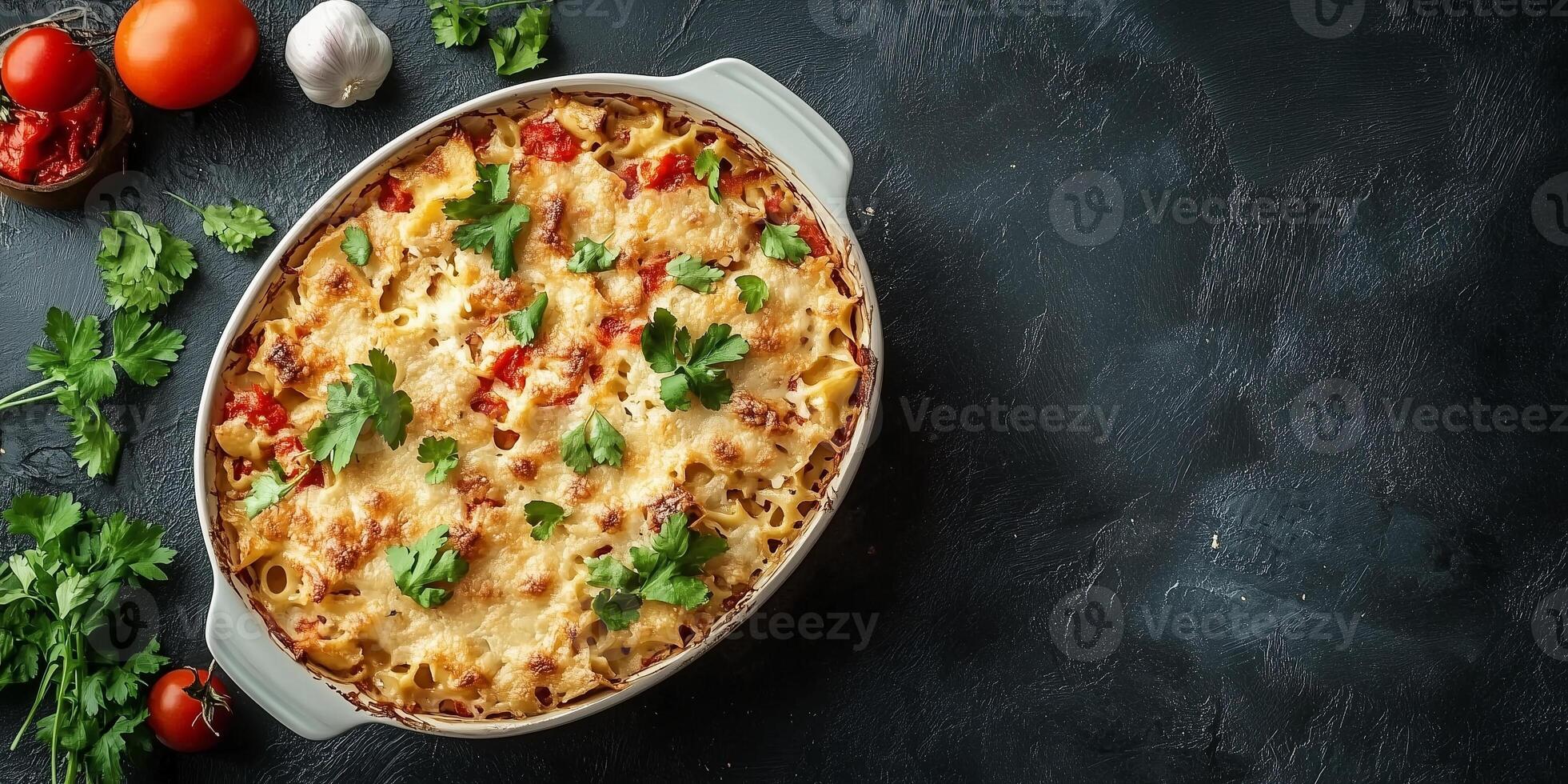 Whole casserole dish filled with baked ingredients, ready to serve, photorealistic food photo