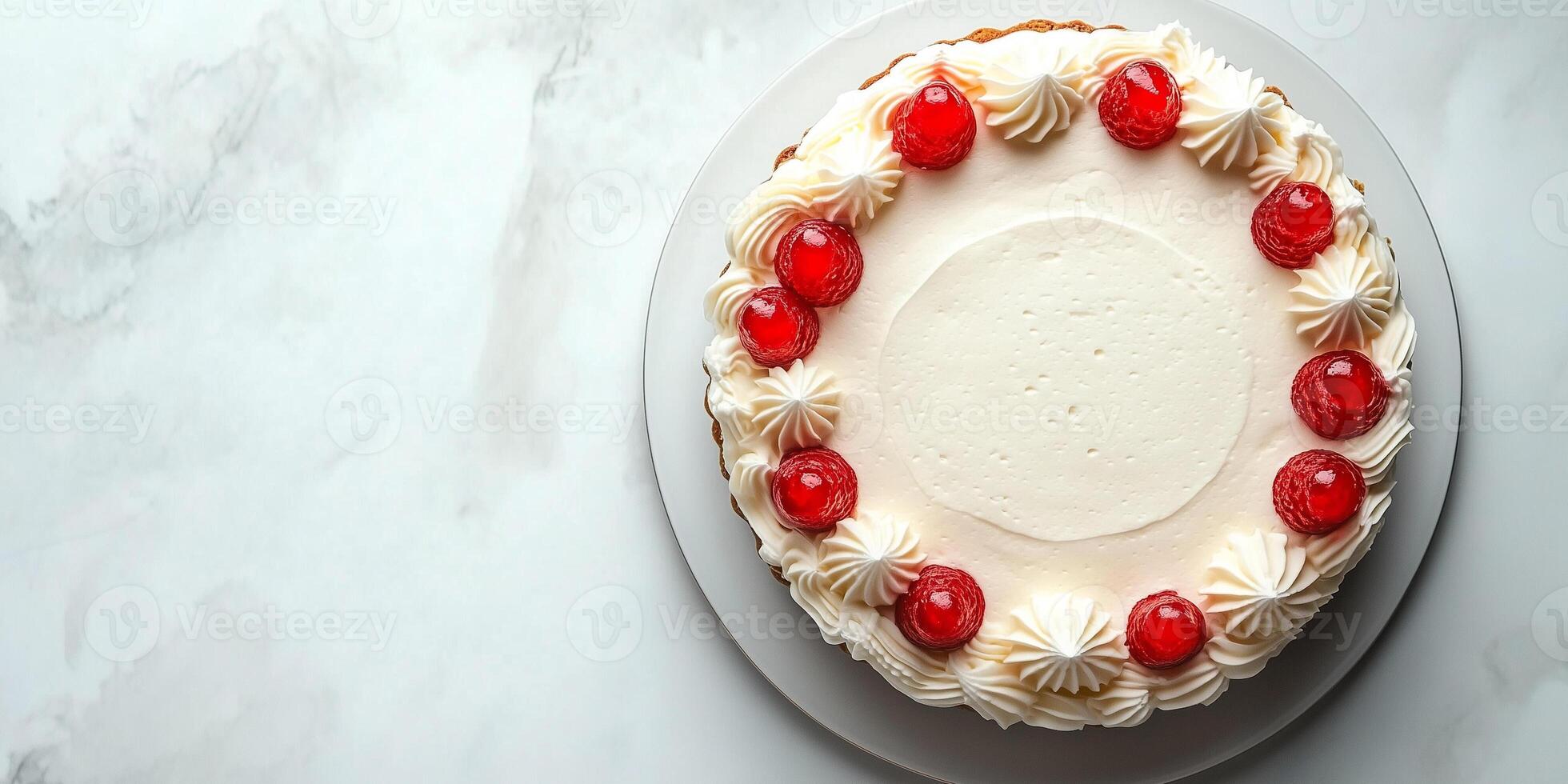 Cake with piped borders, placed on a round plate, culinary photography photo