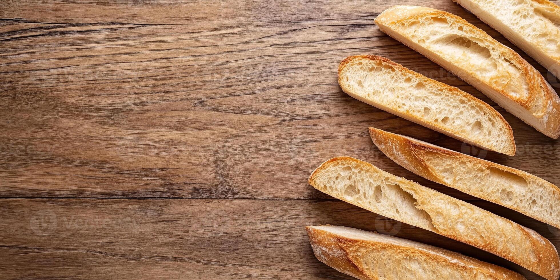 Close-up of sliced baguette pieces neatly arranged on wooden surface, culinary photography photo