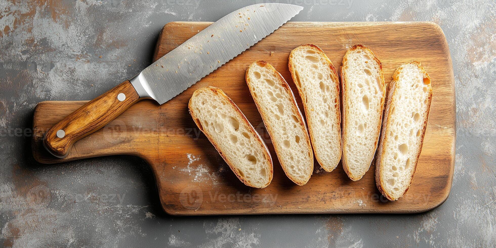 Close-up of sourdough slices on a cutting board with a bread knife, culinary photography photo