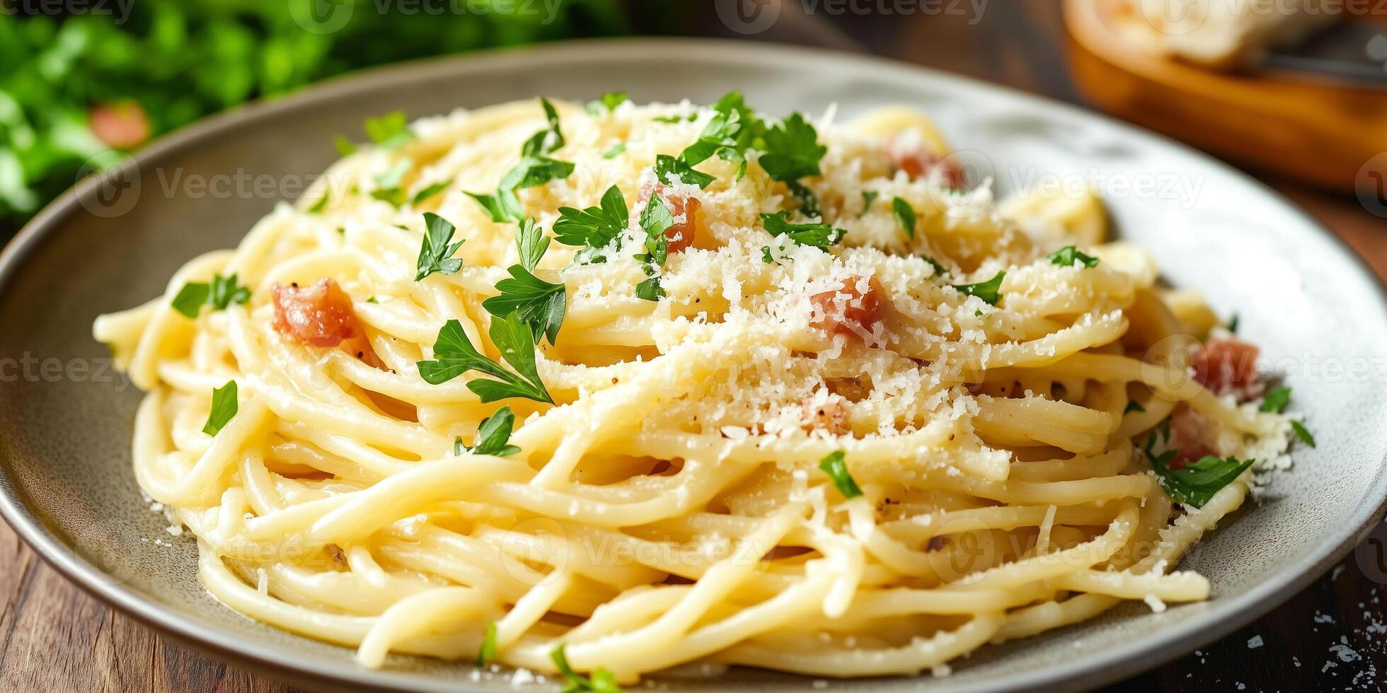 Close-up of spaghetti carbonara topped with grated cheese, garnished with fresh herbs, food photography photo