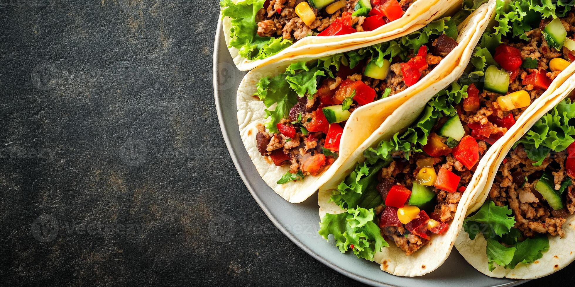 Close-up of tacos with visible fillings, neatly placed inside folded tortillas on a simple plate, food photography photo