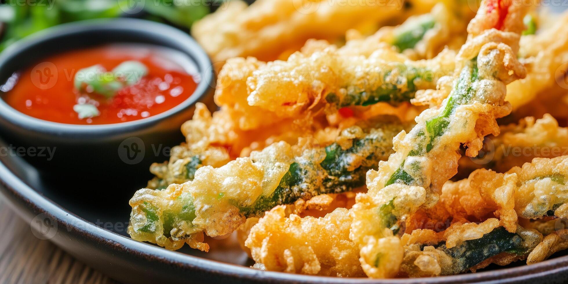 Close-up of tempura vegetables on a plate with dipping sauce, culinary photography photo