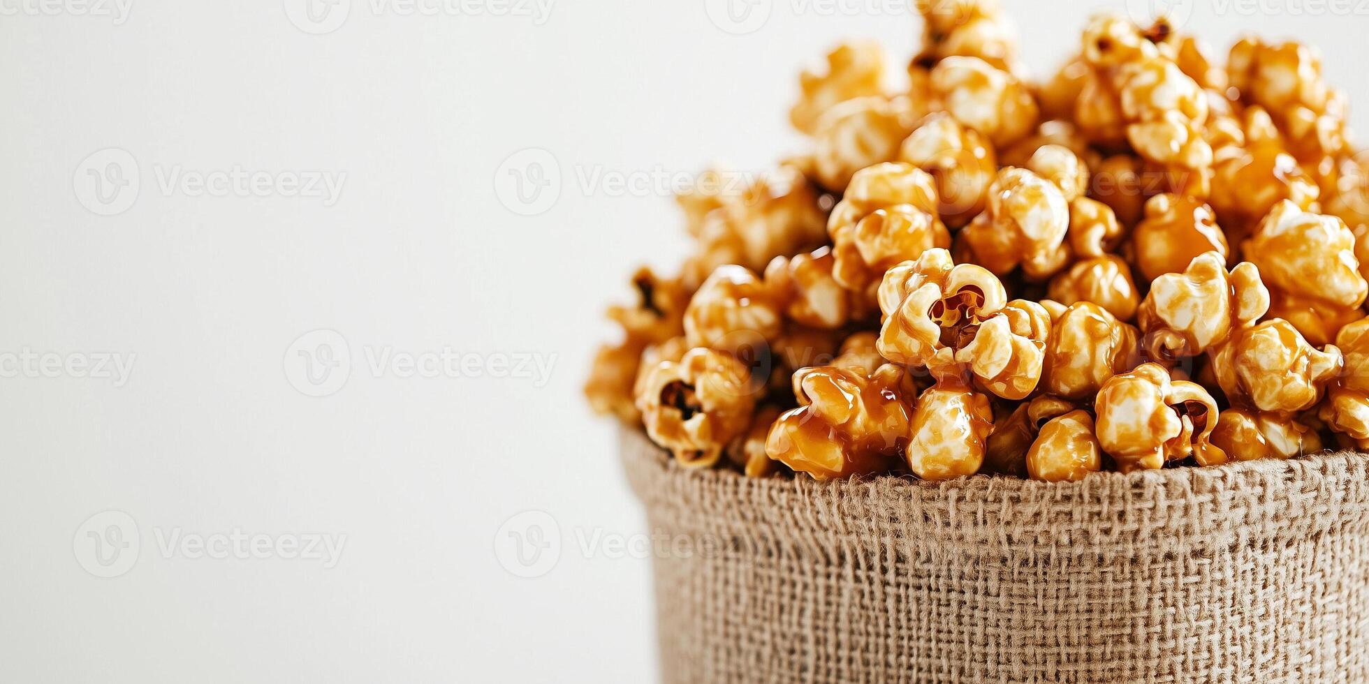 Container filled with caramel corn, with coated kernels spilling over, culinary photography photo