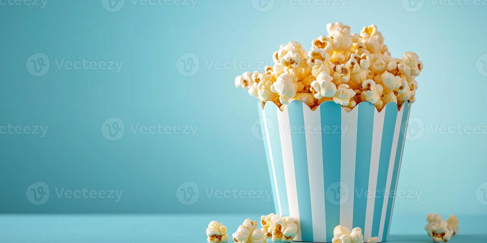 Container filled with kettle corn, with coated kernels spilling over, food photography photo