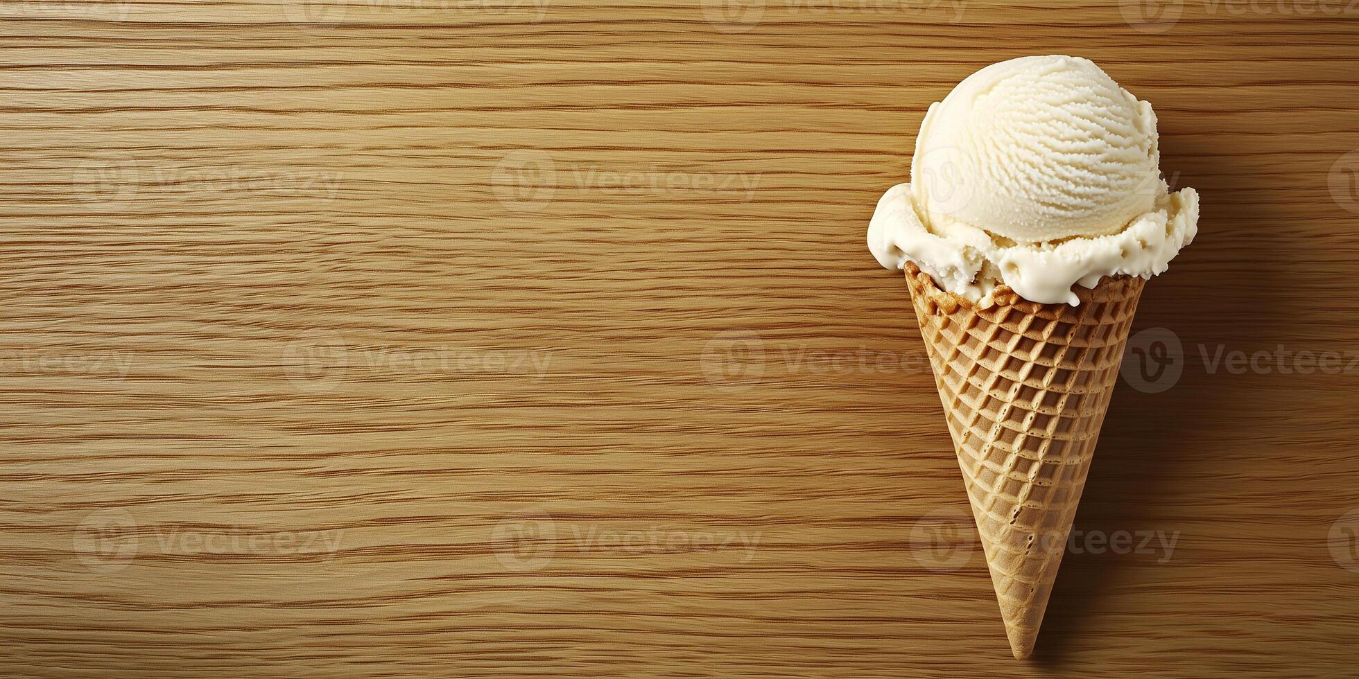 Dairy-free ice cream cone on a wooden surface, scoop leaning slightly, culinary photography photo