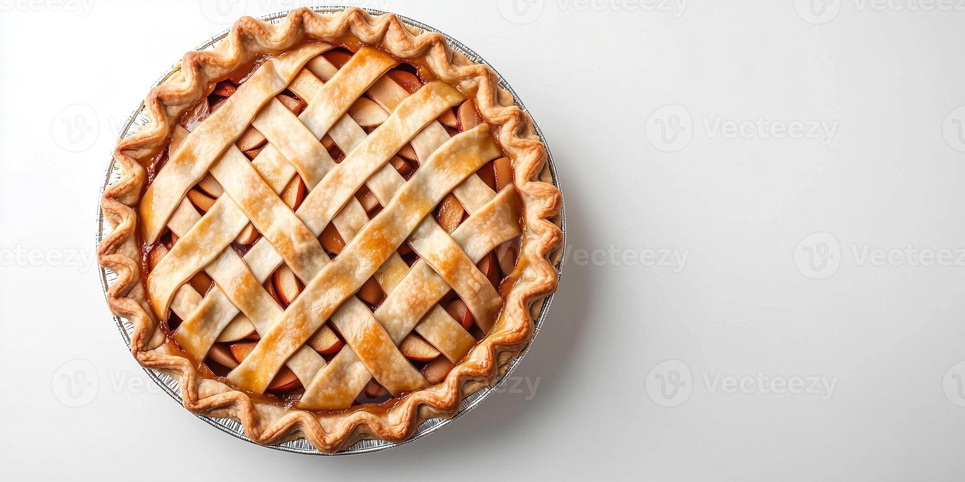 Pie with a full top crust, filled with apple slices, placed on a white surface, food photography photo