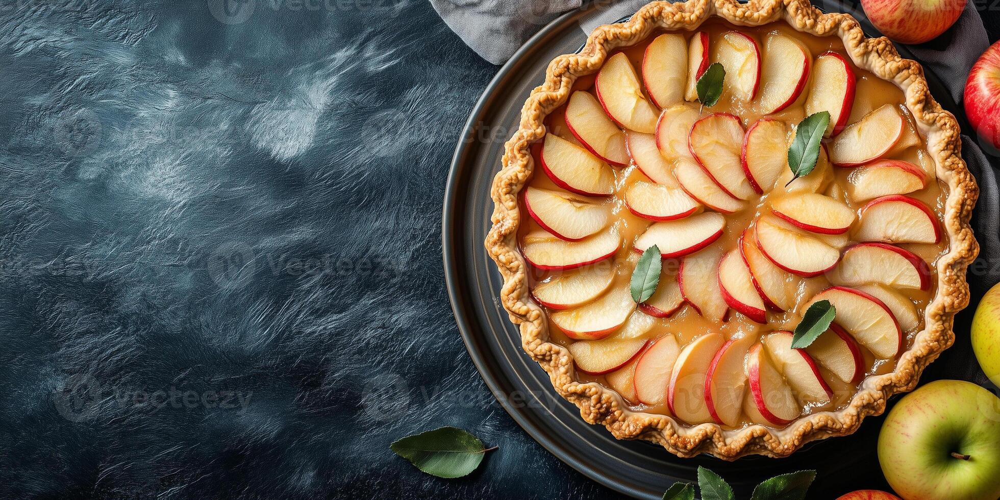 Pie with a decorative crust edge, filled with sliced apples, placed on a plate, food photography photo