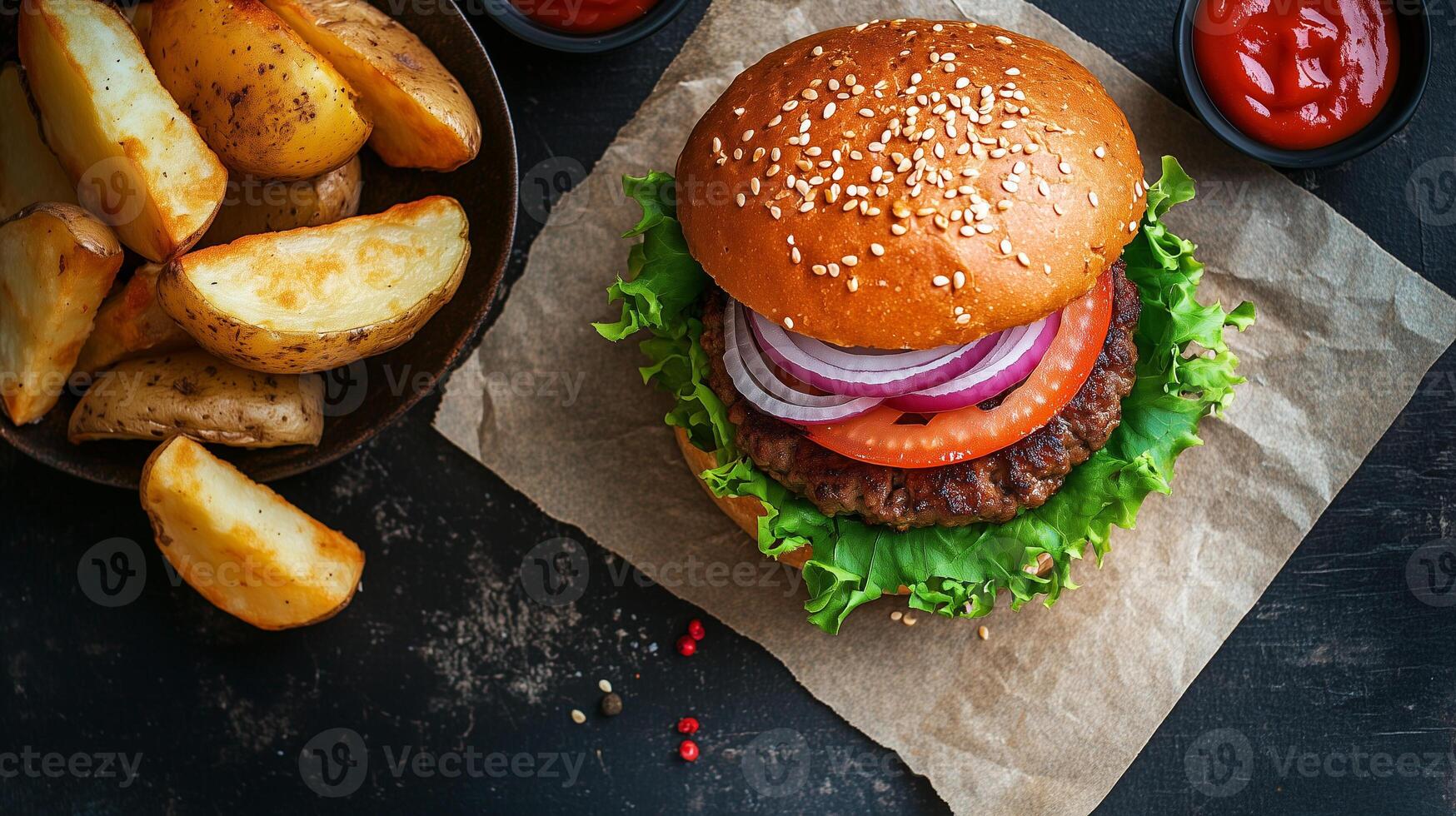 Plant-based burger with lettuce, tomato, and onions with potato wedges, culinary photography photo