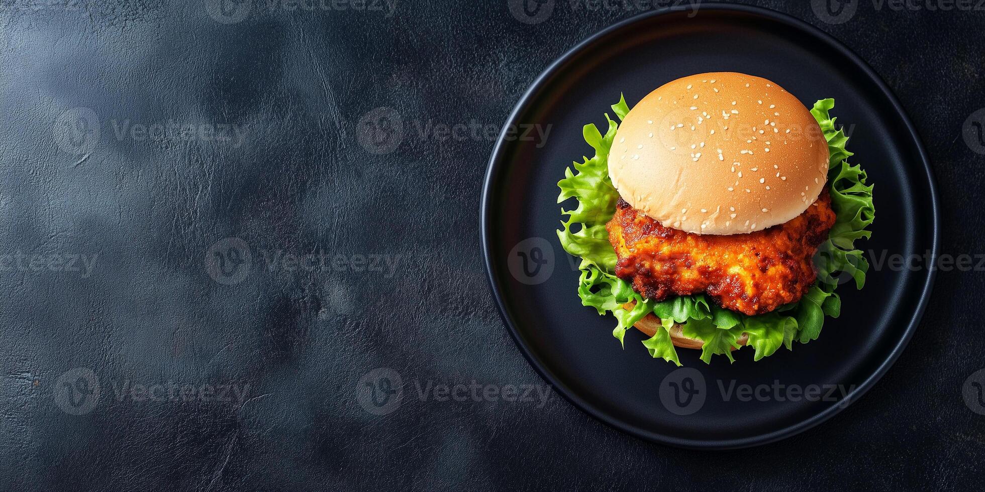 Plate with a chicken sandwich, positioned centrally, food photography photo
