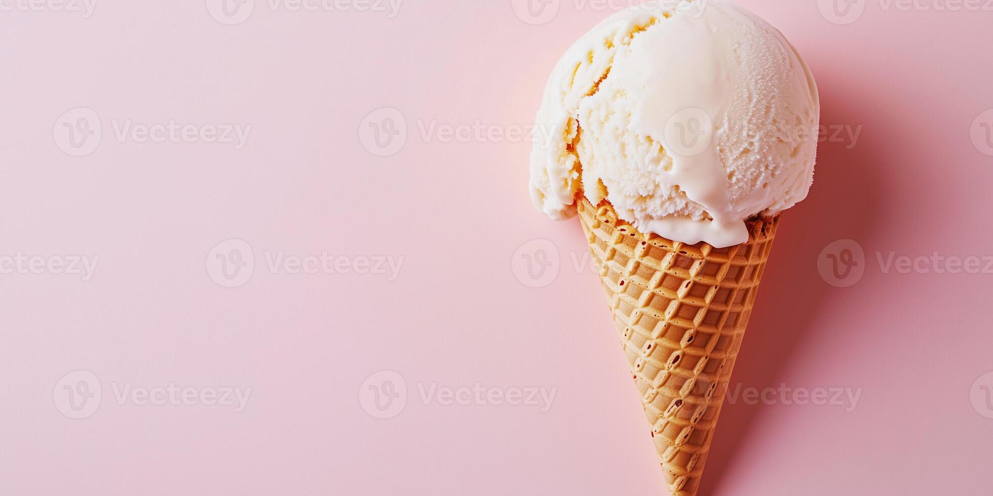 Ice cream scoop on a cone, smooth and rounded, starting to melt, culinary photography photo