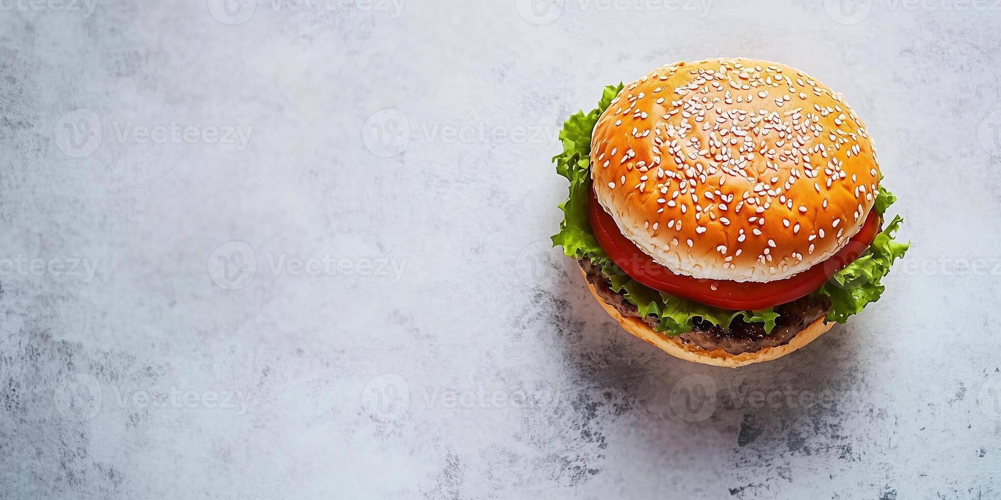 Single chicken burger, placed diagonally on a clean flat surface, culinary photography photo