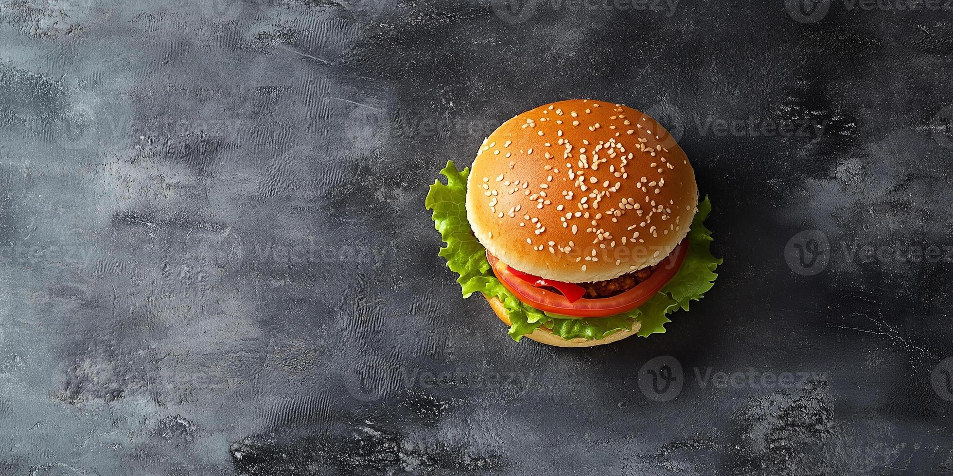 Single vegan burger, arranged flat on a simple surface, food photography photo
