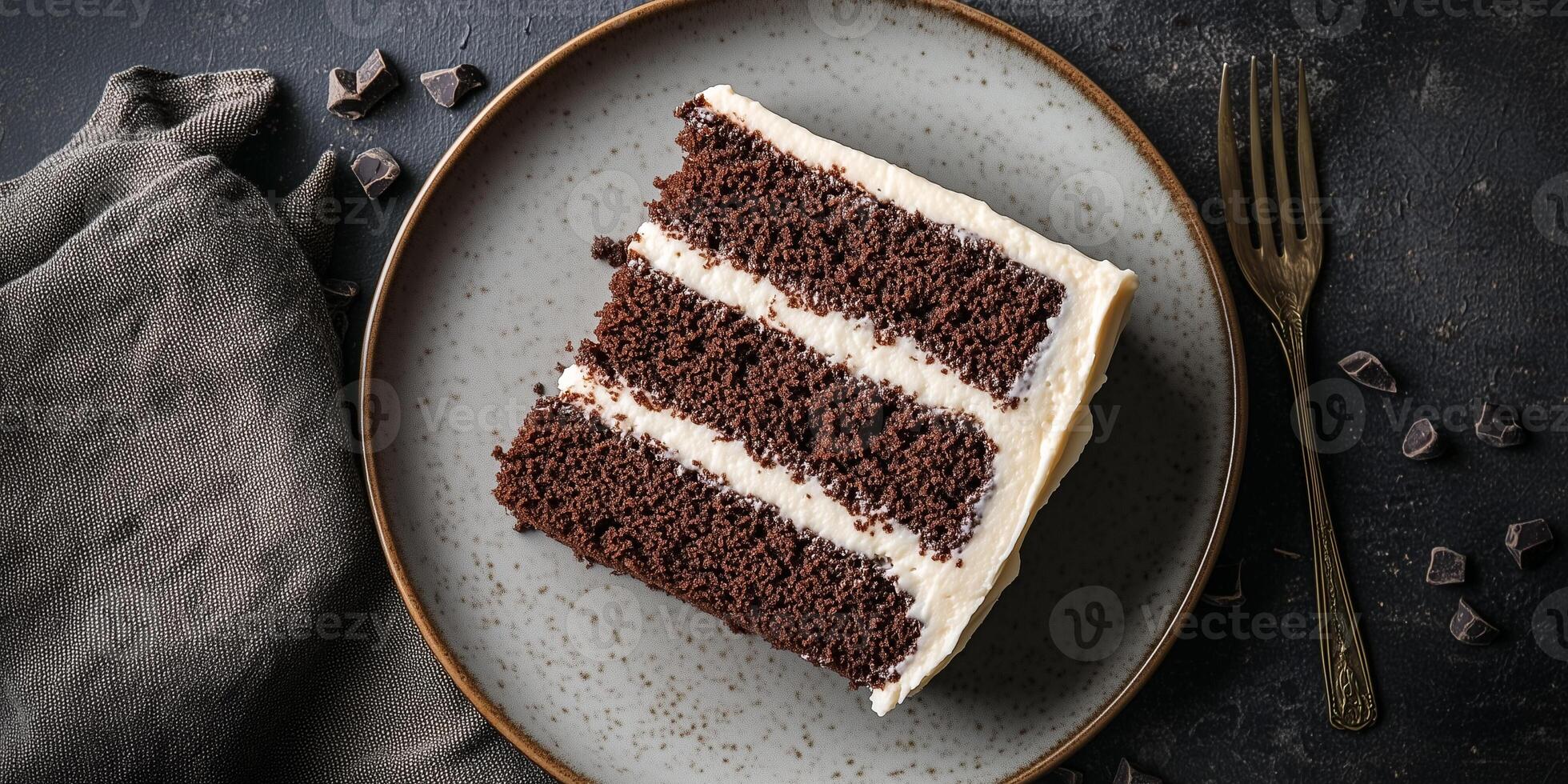 Slice of chocolate cake on a plate, showing layers of cake and frosting, food photography photo