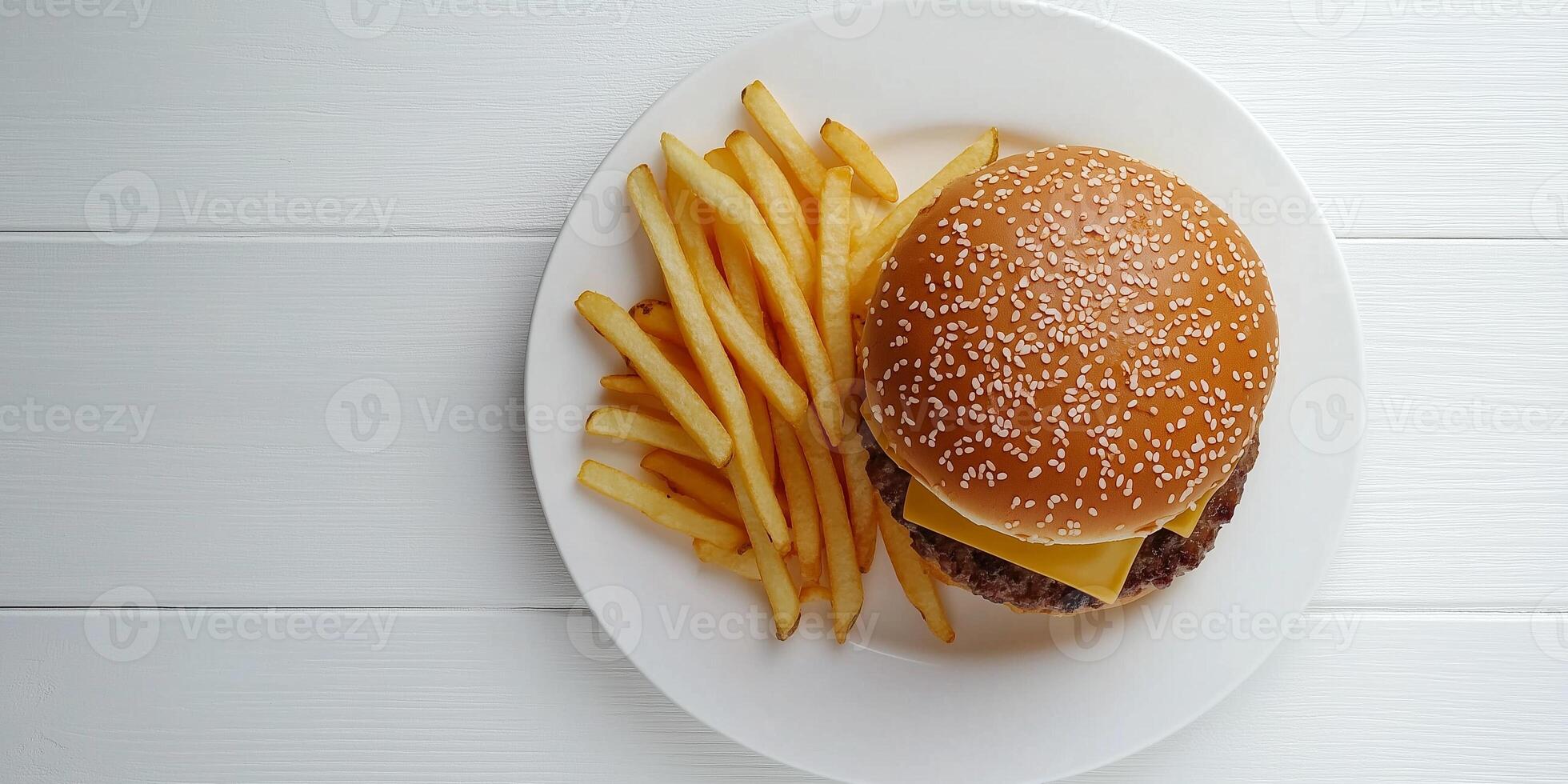 Stack of fries next to a burger on a white plate, culinary photography photo