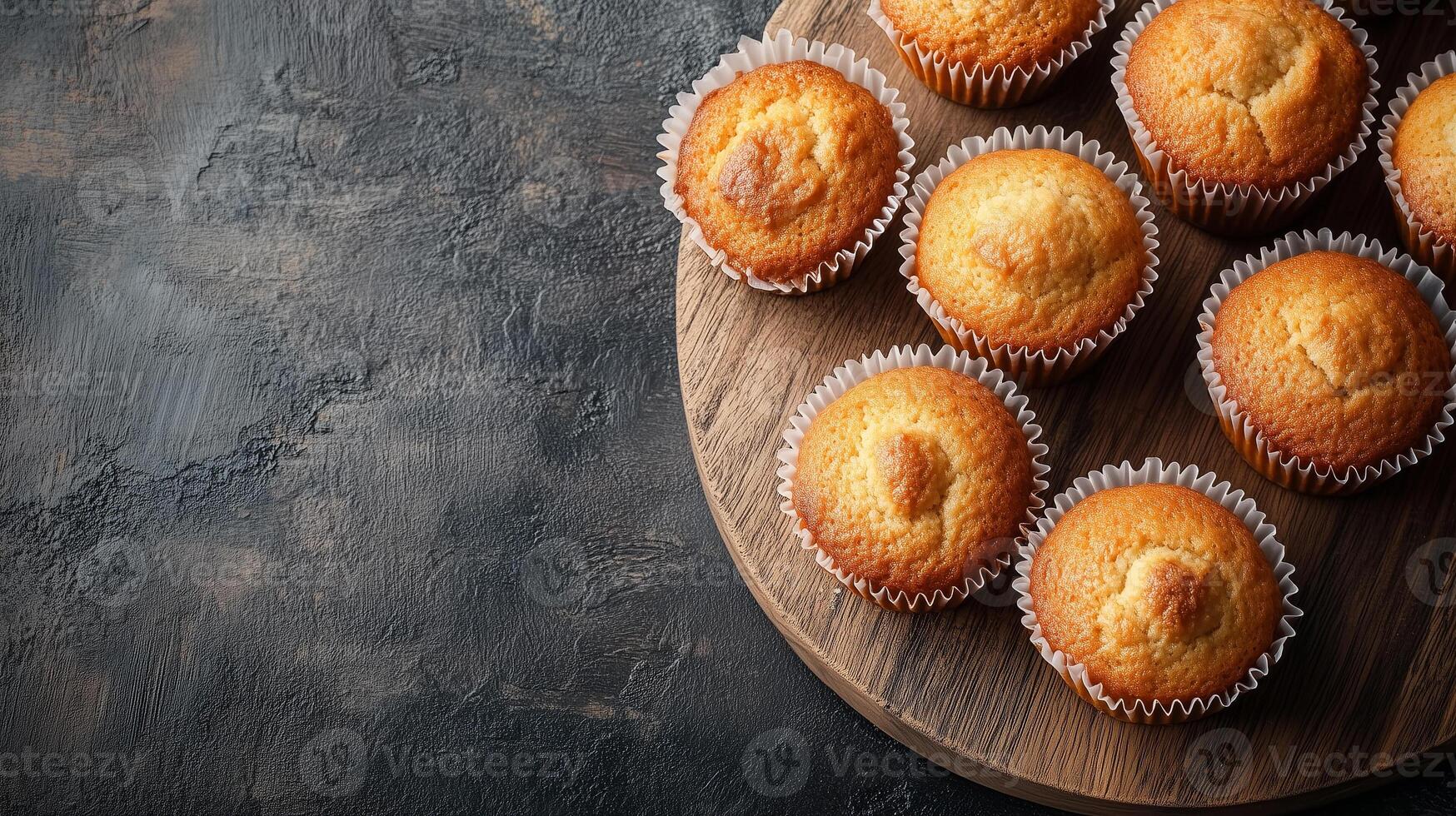 Stack of muffins on wooden serving board, food photography photo