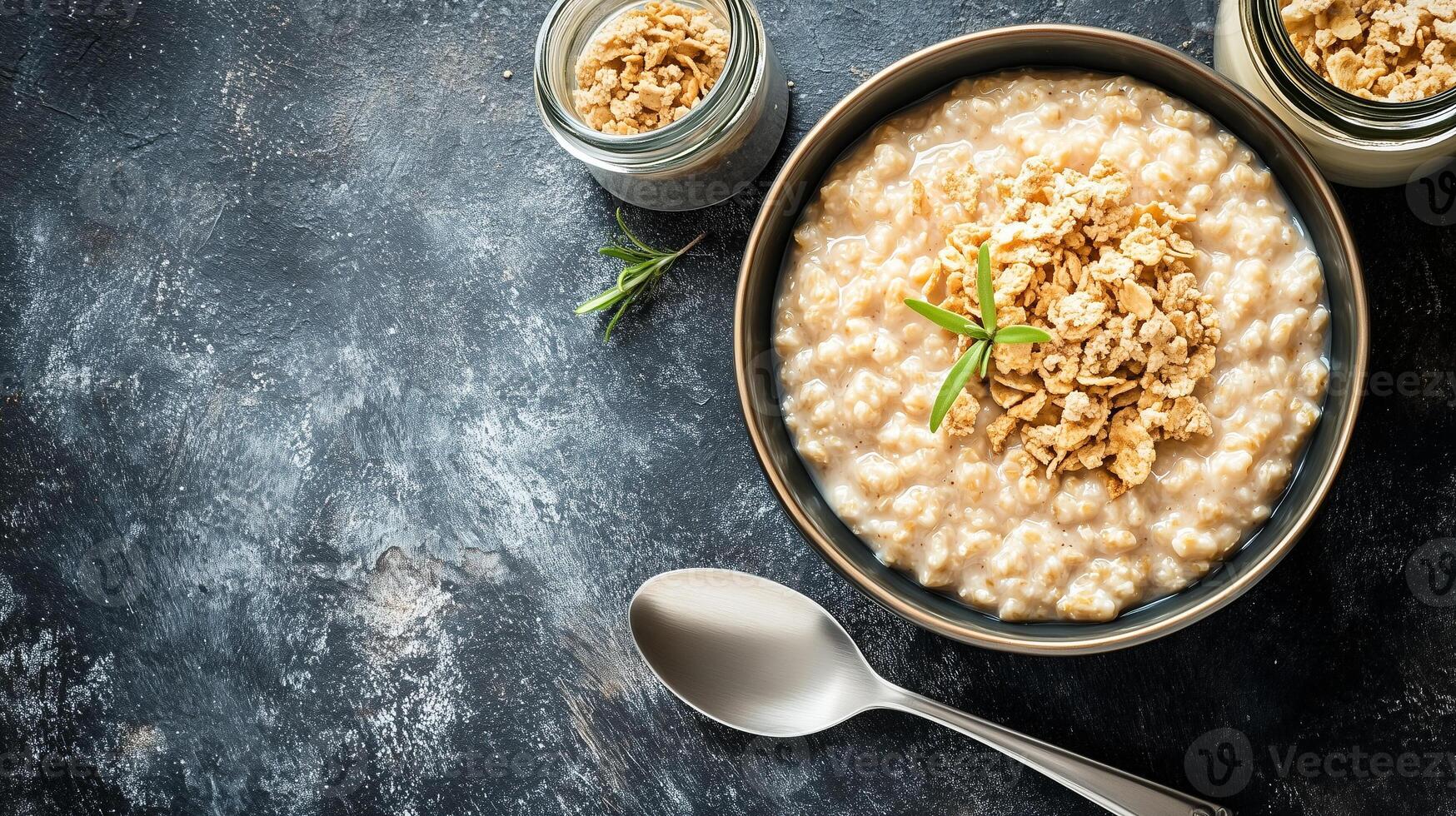 Hot cereal bowl steaming with a spoon and jar of toppings nearby, culinary photography photo