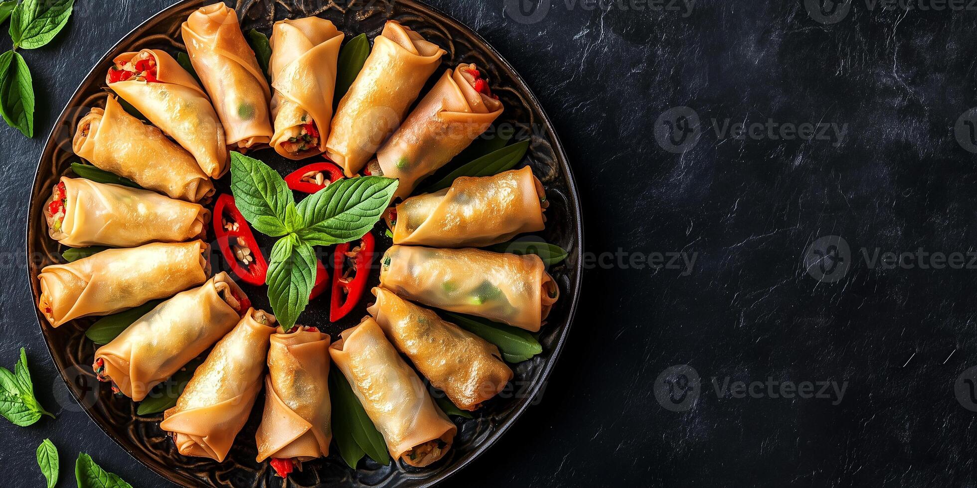 Spring rolls displayed in a circular design on a platter, culinary photography photo
