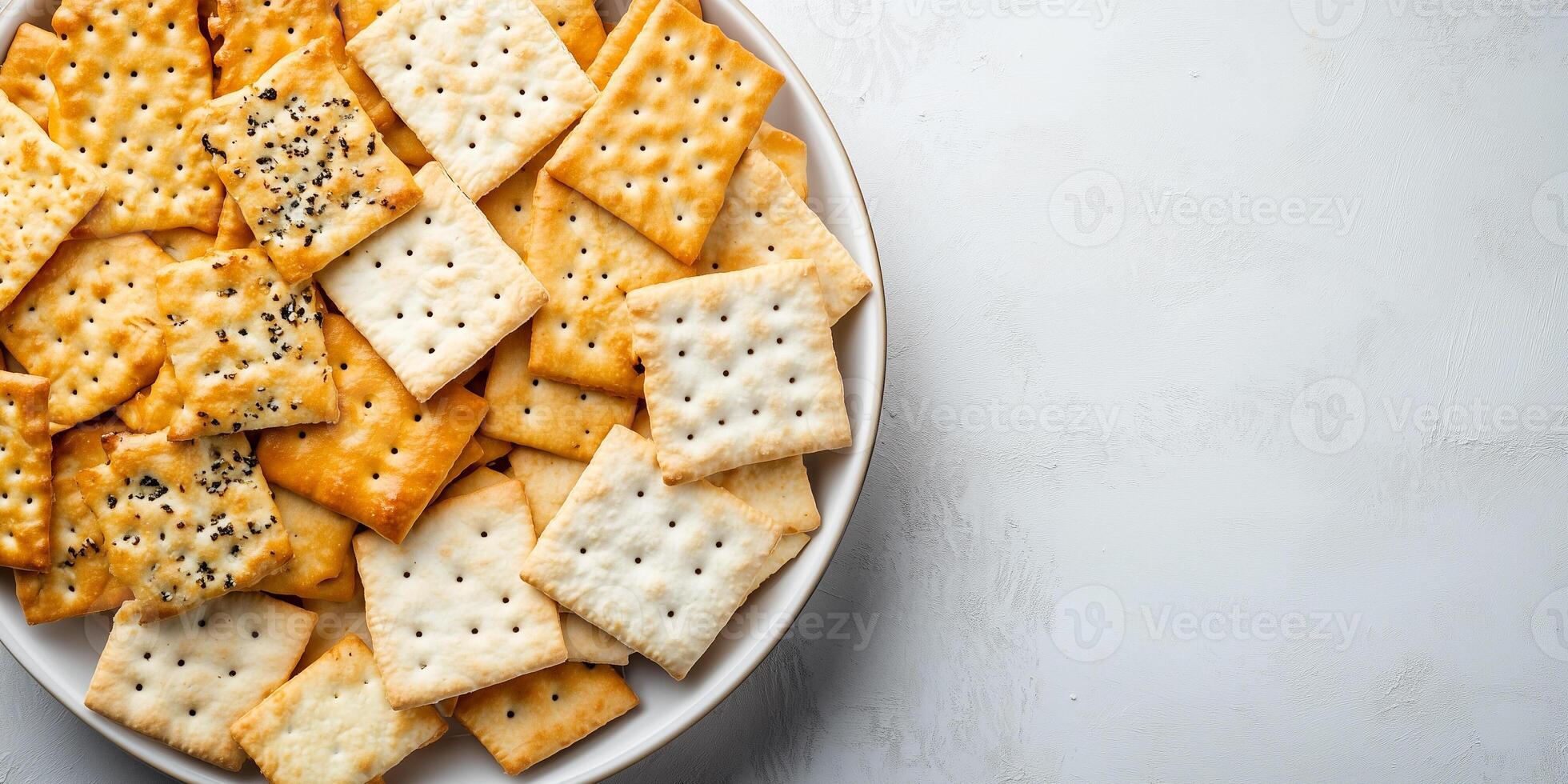 Crackers positioned in an organized pattern on a serving dish, culinary photography photo